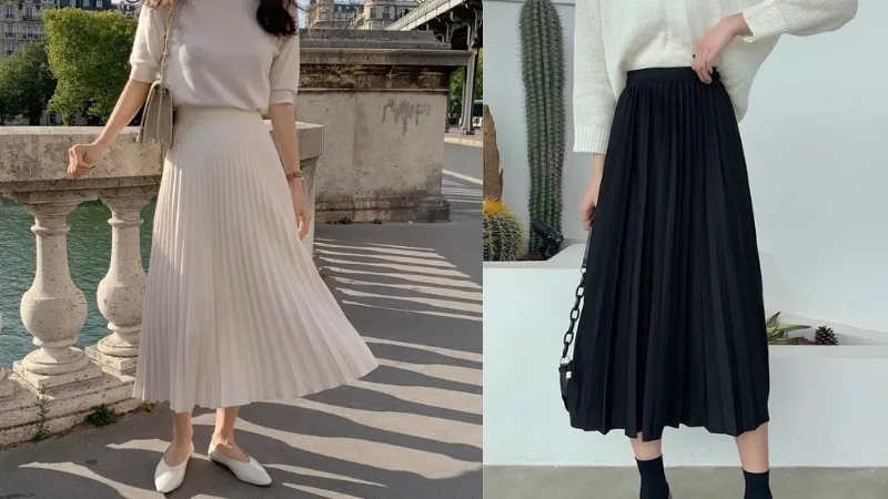 Chân váy dài xếp ly bản nhỏ