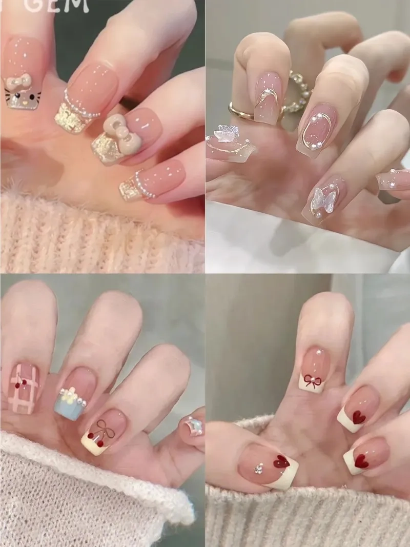 Dịu dàng nữ tính với nail hồng đính nơ dễ thương