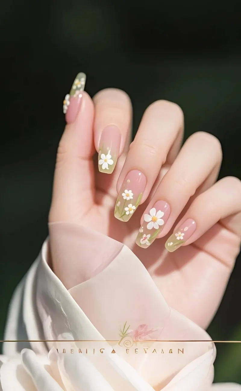 Mềm mại dịu dàng với móng tay hoa cúc xinh xắn